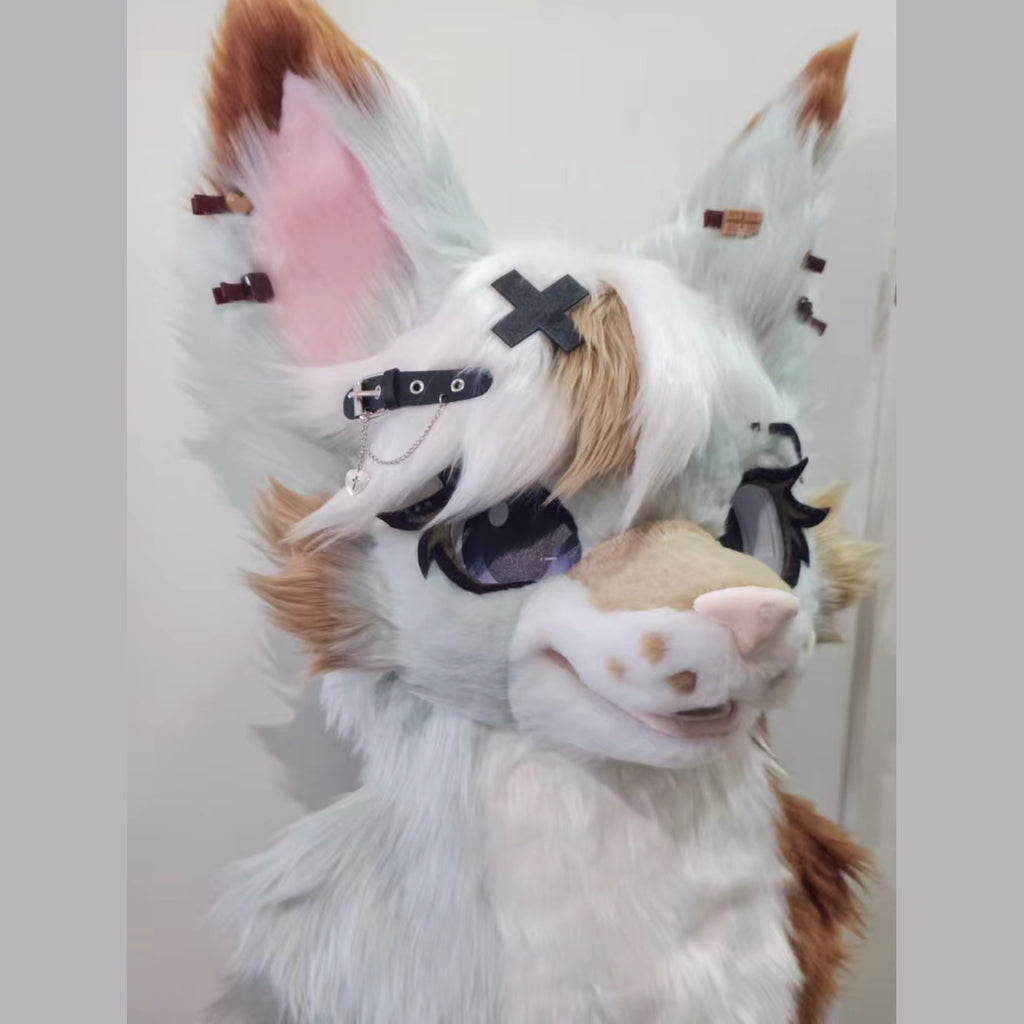 LATTE — a one-of-one toony fursuit head by Fulu Fursuits in mint white and caramel, with tall pink-lined ears and large stylised eyes