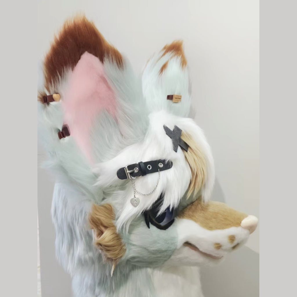 LATTE — a one-of-one toony fursuit head by Fulu Fursuits in mint white and caramel, with tall pink-lined ears and large stylised eyes