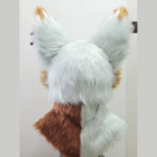 LATTE — a one-of-one toony fursuit head by Fulu Fursuits in mint white and caramel, with tall pink-lined ears and large stylised eyes