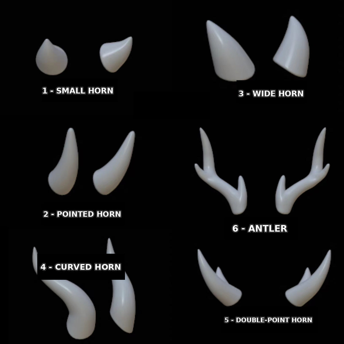 Fursuit Horns — Printed, Six Shapes