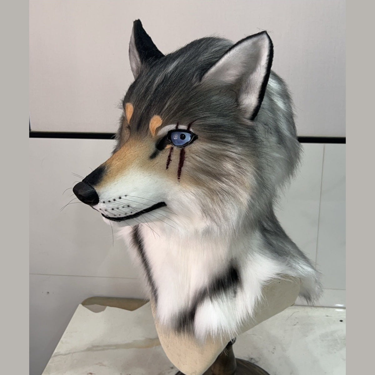 NOTCH — a one-of-one realistic wolf fursuit head by Fulu Fursuits in gray and white with blue eyes and three red marks under one eye