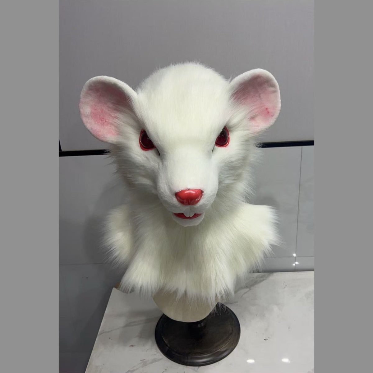 PEARL — a one-of-one realistic white rat fursuit head by Fulu Fursuits, all-white fur with red eyes and pink-lined ears