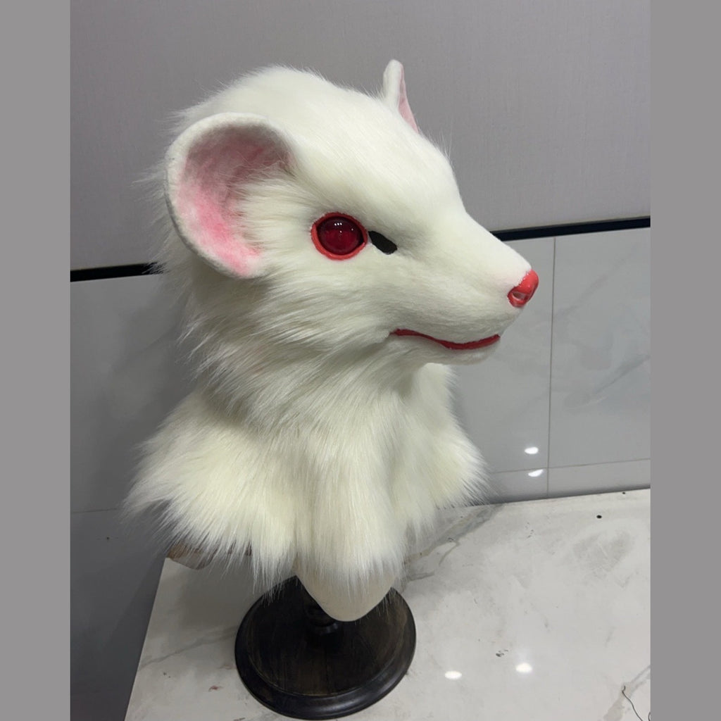 PEARL — a one-of-one realistic white rat fursuit head by Fulu Fursuits, all-white fur with red eyes and pink-lined ears