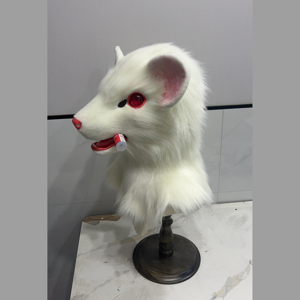 PEARL — a one-of-one realistic white rat fursuit head by Fulu Fursuits, all-white fur with red eyes and pink-lined ears