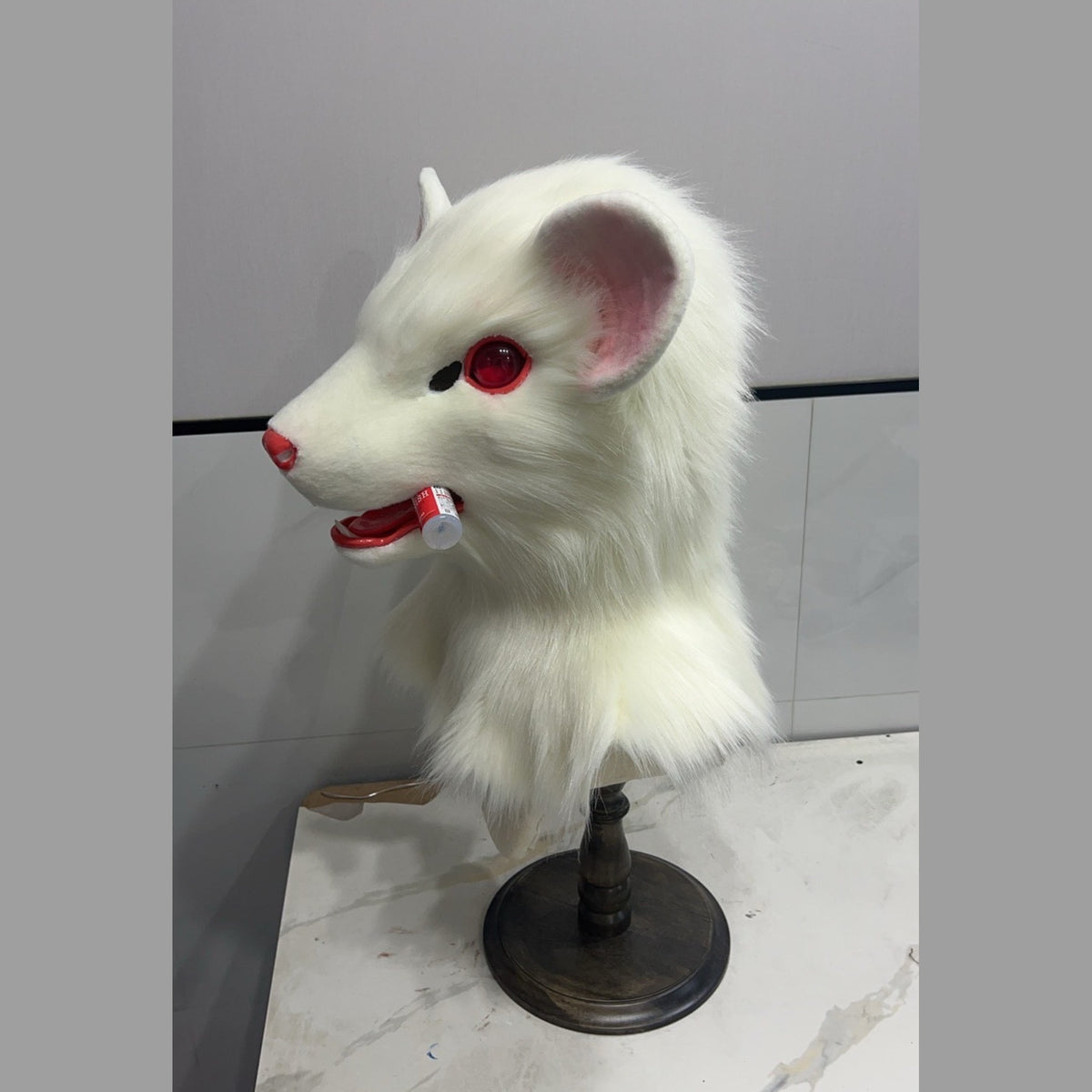 PEARL — a one-of-one realistic white rat fursuit head by Fulu Fursuits, all-white fur with red eyes and pink-lined ears