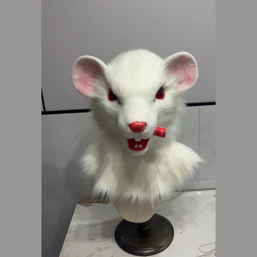 PEARL — a one-of-one realistic white rat fursuit head by Fulu Fursuits, all-white fur with red eyes and pink-lined ears