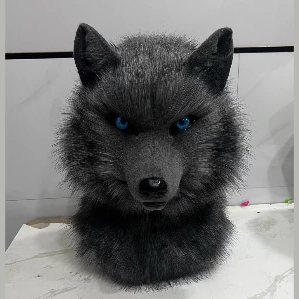 PITCH — a one-of-one realistic wolf partial by Fulu Fursuits: head and handpaws in near-black faux fur with blue eyes