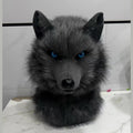 PITCH — a one-of-one realistic wolf partial by Fulu Fursuits: head and handpaws in near-black faux fur with blue eyes