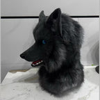 PITCH — a one-of-one realistic wolf partial by Fulu Fursuits: head and handpaws in near-black faux fur with blue eyes