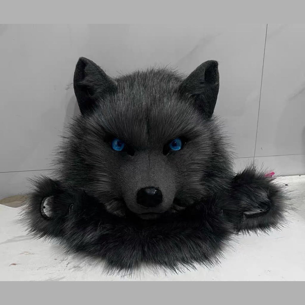 PITCH — a one-of-one realistic wolf partial by Fulu Fursuits: head and handpaws in near-black faux fur with blue eyes