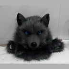 PITCH — a one-of-one realistic wolf partial by Fulu Fursuits: head and handpaws in near-black faux fur with blue eyes
