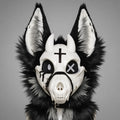 VIGIL skulldog partial, front view — bone faceplate, twin horns, forehead cross, X eye, black and white fur ruff