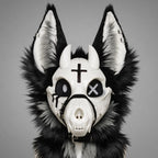 VIGIL skulldog partial, front view — bone faceplate, twin horns, forehead cross, X eye, black and white fur ruff