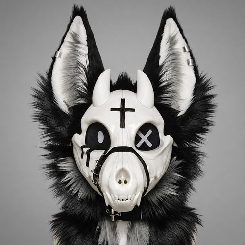 VIGIL skulldog partial, front view — bone faceplate, twin horns, forehead cross, X eye, black and white fur ruff