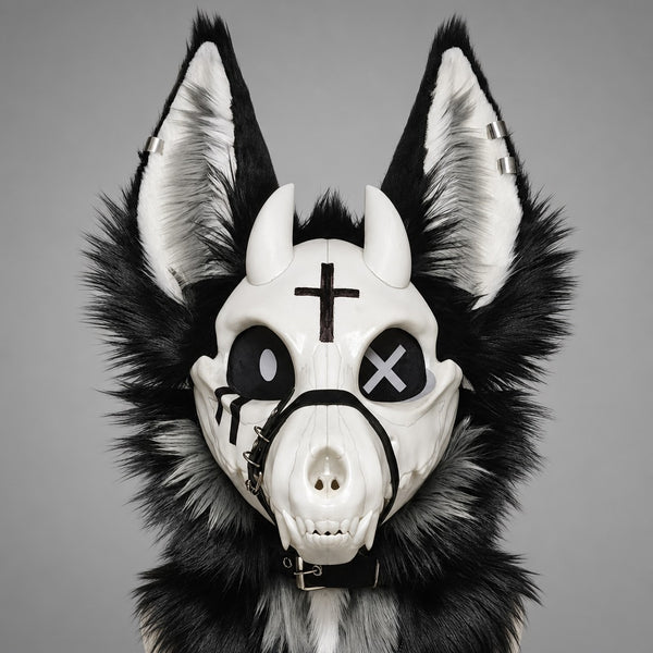 VIGIL skulldog partial, front view — bone faceplate, twin horns, forehead cross, X eye, black and white fur ruff