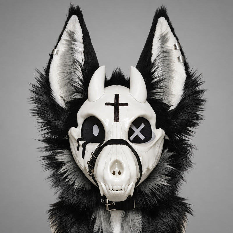 VIGIL skulldog partial, front view — bone faceplate, twin horns, forehead cross, X eye, black and white fur ruff
