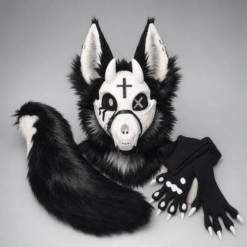 Everything included with VIGIL laid out flat — head, tail and both handpaws with resin claws